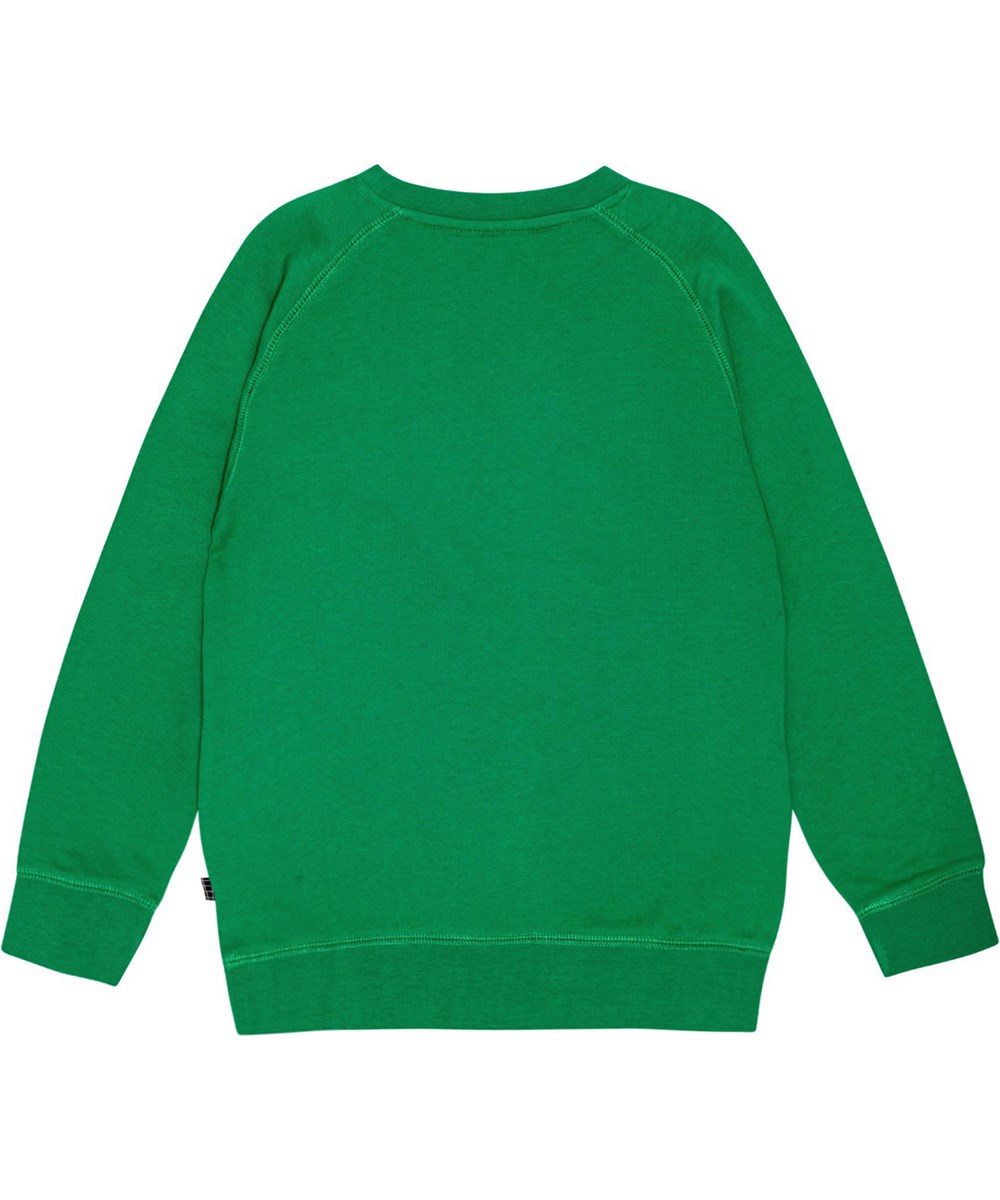 Mike - Fresh Pine - Molo x Plan International biologisch katoenen sweater in het groen met een geborduurde smiley op de voorkant.
