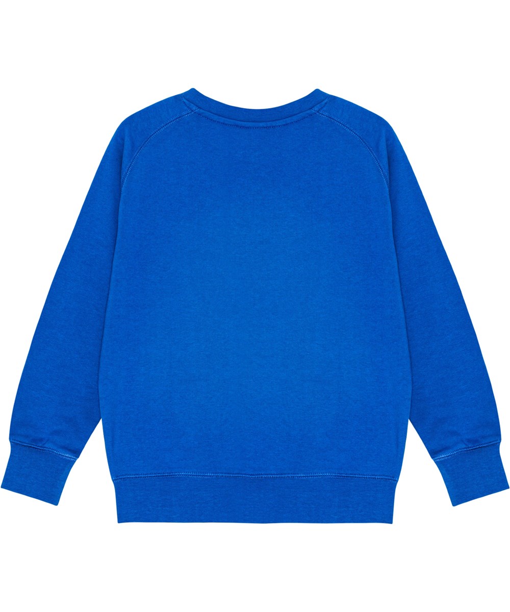 Mike - Lapis Blue - Molo x Plan International biologisch katoenen sweater in het blauw met een geborduurde smiley op de voorkant.