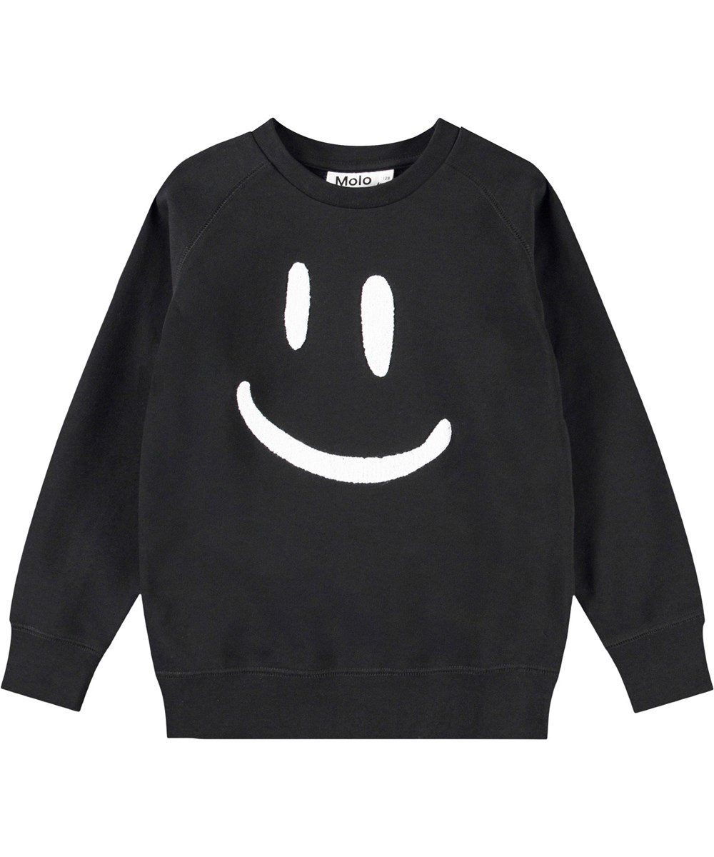 Mike - Black - Zwarte kindersweater van zacht biologisch katoen met raglan mouwen en ribboord rond de hals, mouwen en onderkant.