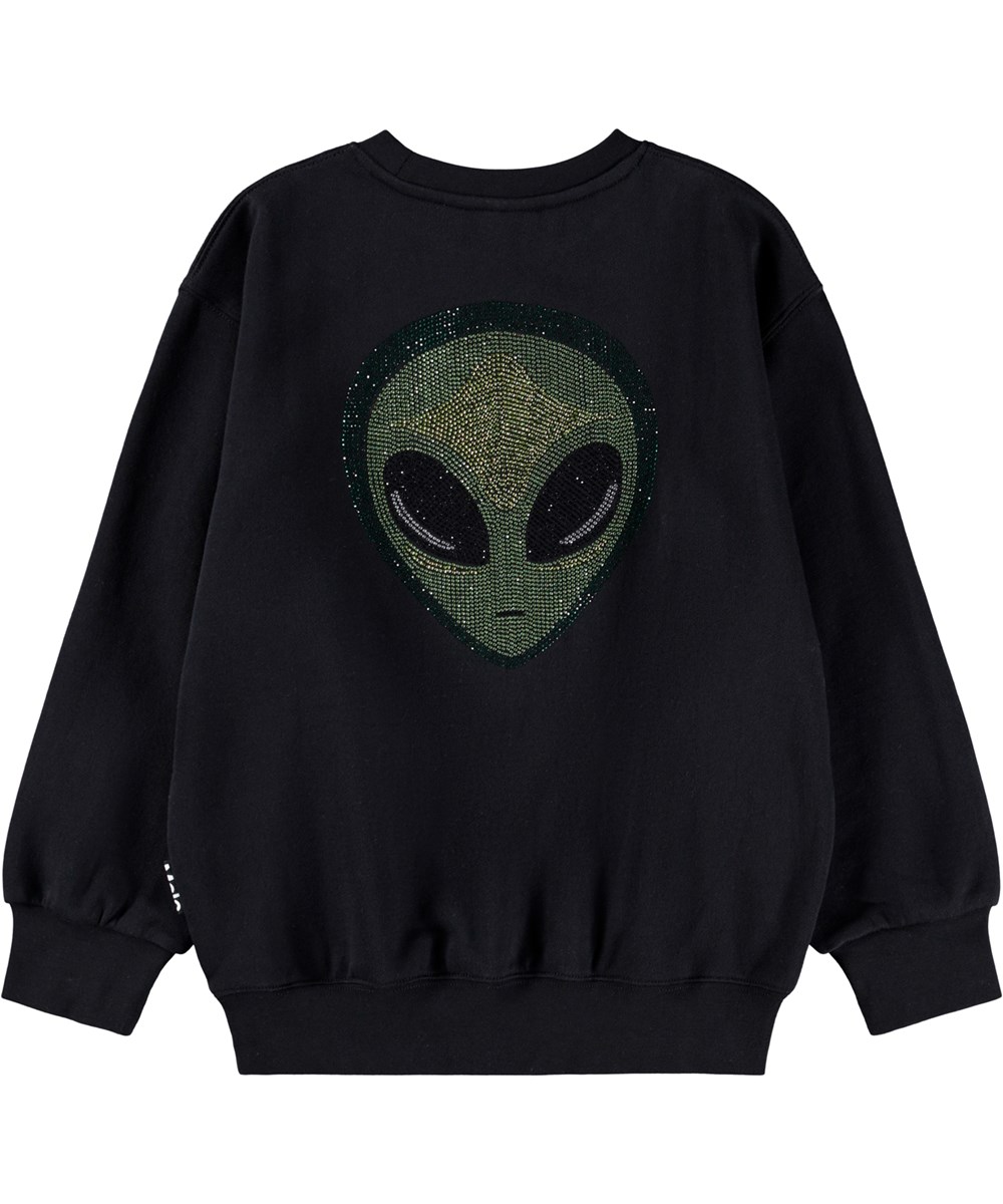 Monti - Bling Alien - Zwarte kindersweater gemaakt van zacht biologisch katoen met een pailletten alien op de voor- en achterkant.