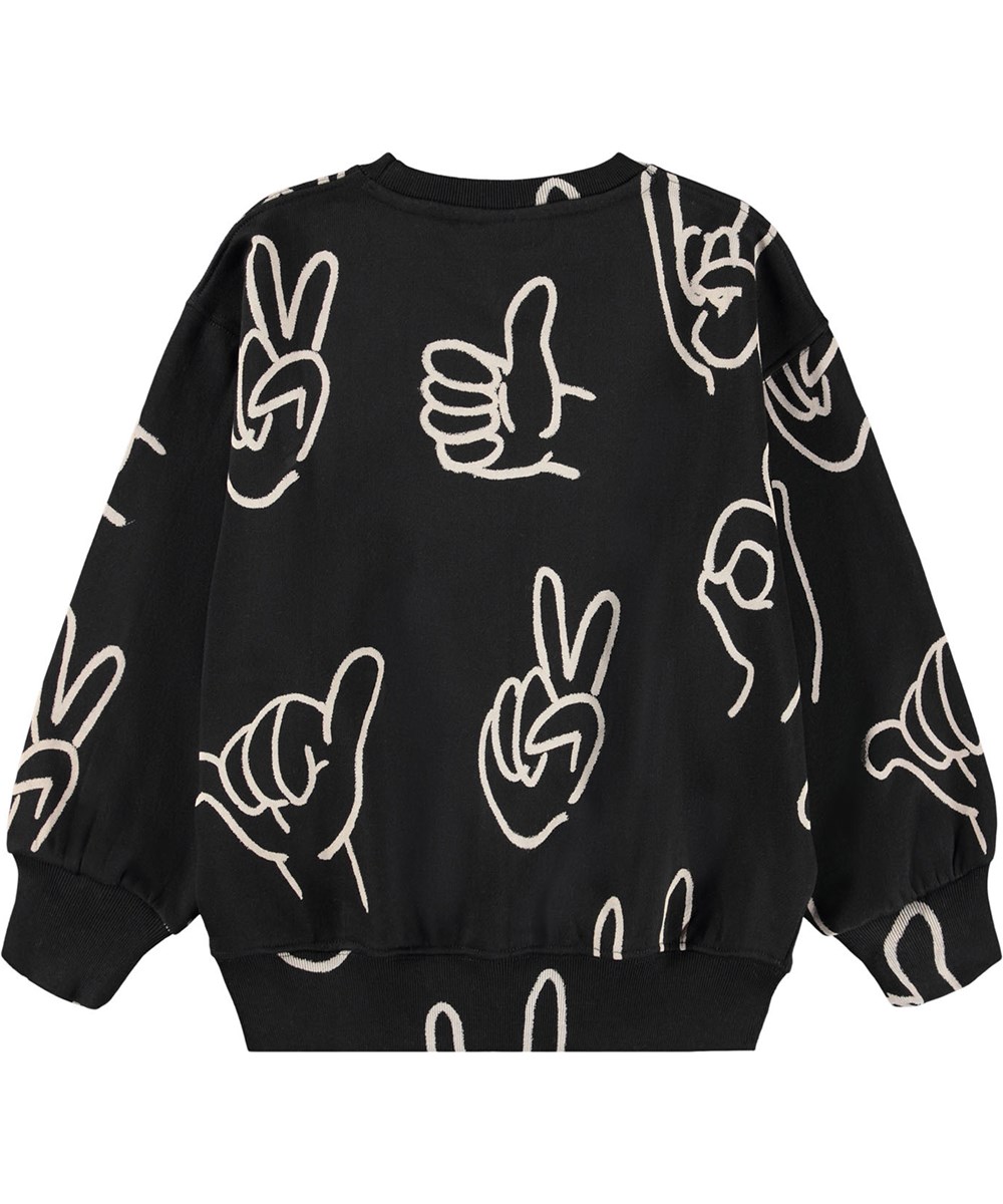 Monti - Drawn Hands - Zwarte kindersweater gemaakt van zacht biologisch katoen met een met de hand getekend ontwerp.