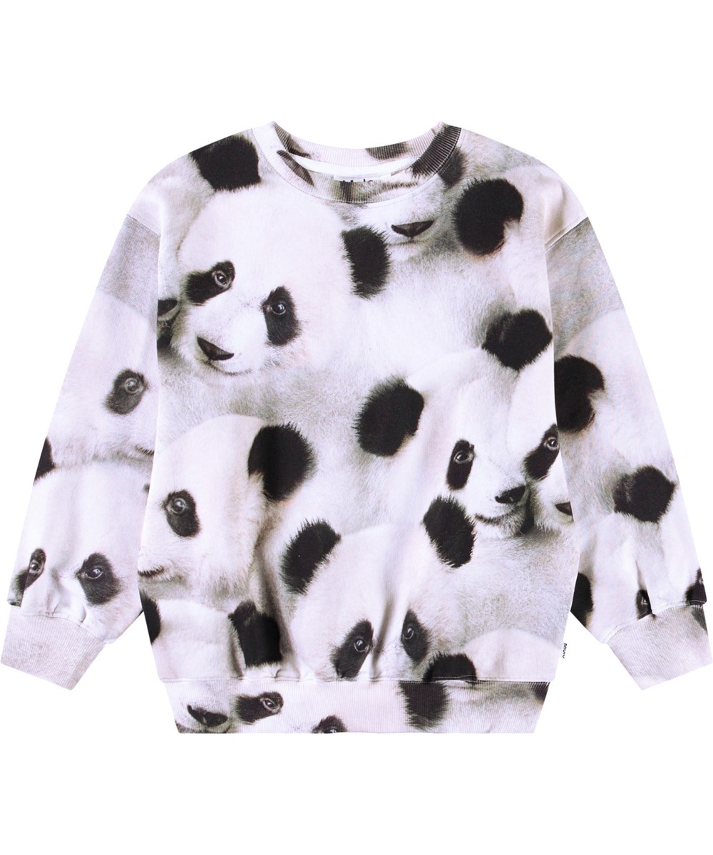 Monti - Giant Panda - Zwarte en witte kindersweater van zacht biologisch katoen met ribboord rond de hals, mouwen en onderkant.