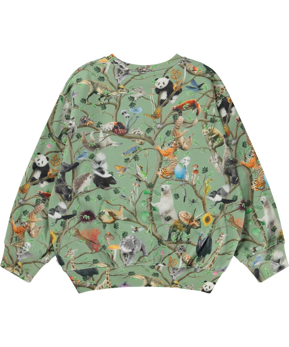 Monti - Lively Tree - Groene biologische sweater met dierenprint