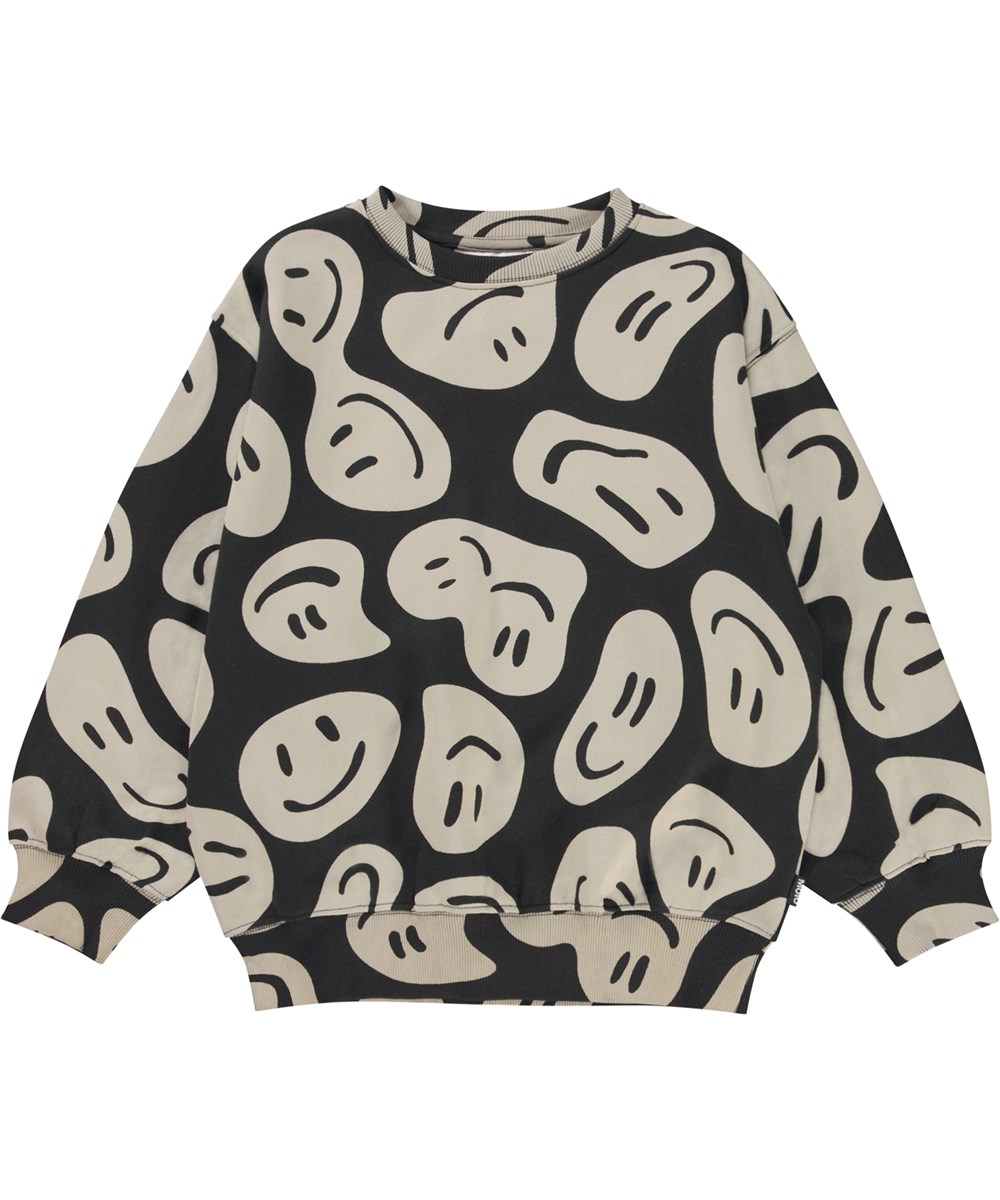 Monti - Smile On Black - Zwarte biologische sweater met beige print