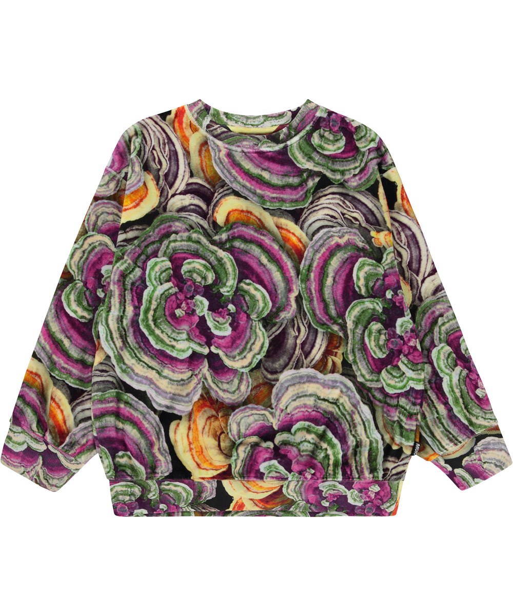 Monti - Wood Fungi - Fluwelen veelkleurige sweater met een paddenstoelenprint