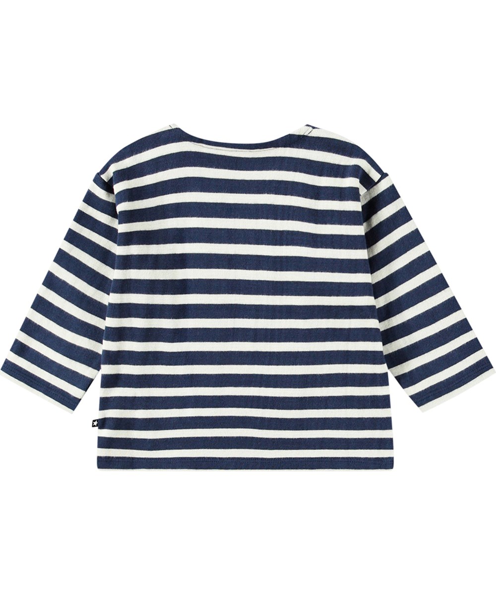 Edarko - Oceanic Stripe - Blauw-wit gestreepte biologische longsleeve met geborduurd lachende smiley.