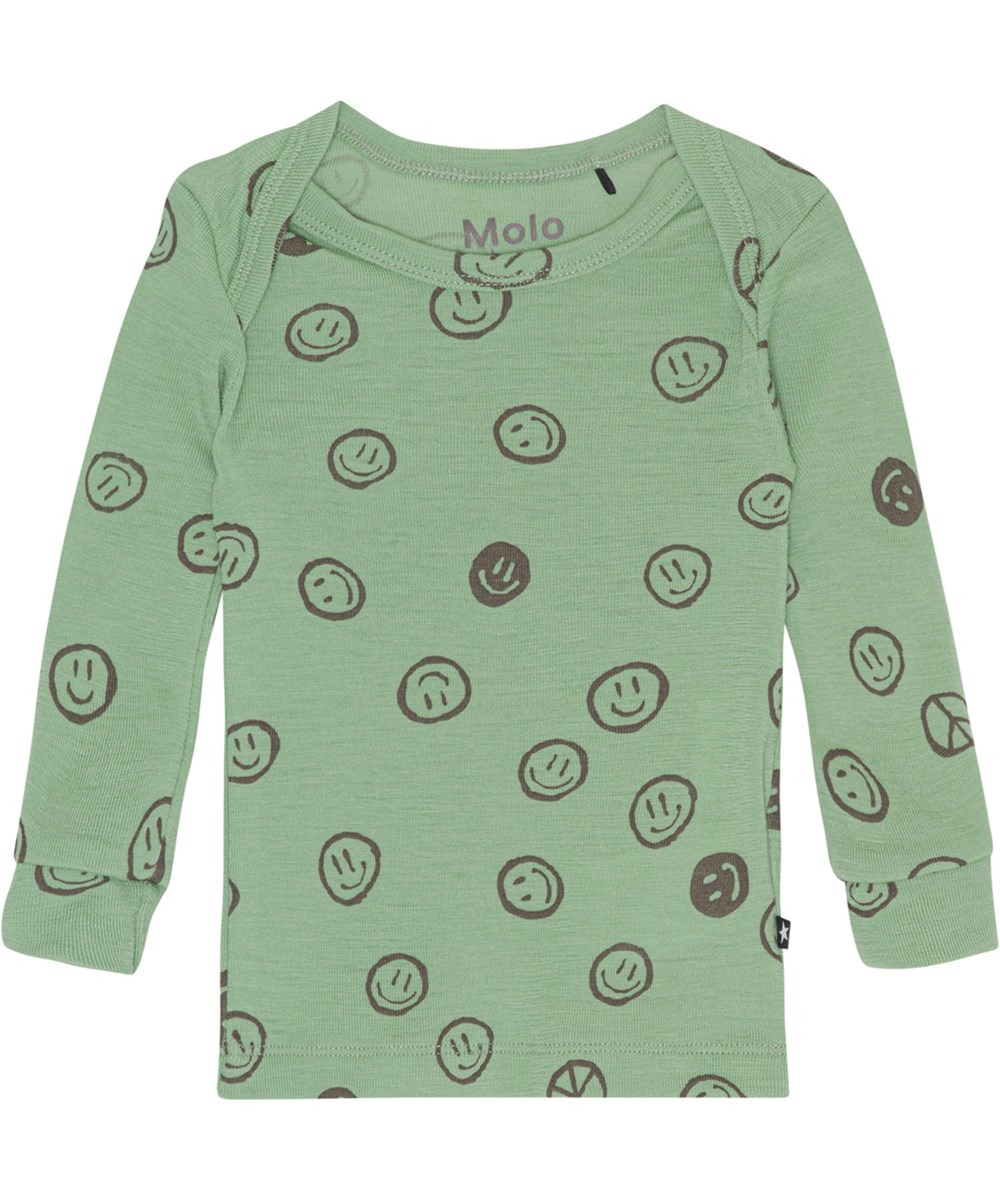 Eli - Happy Moss - Groene babytopje in merinowol met smiley print