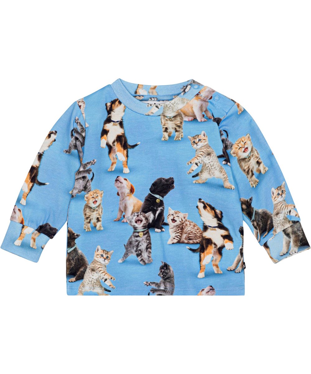 Eloy - Joy Of Music - Voor kleine kinderen een blauw shirt van biologisch katoen jersey met een honden en poezenprint