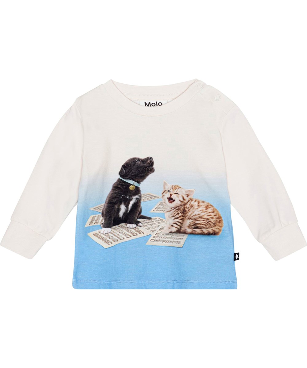 Eloy - Love Music LS - Voor kleine kinderen een gebroken witte shirt van biologisch katoen jersey met een print van een zingende puppy en een poesje