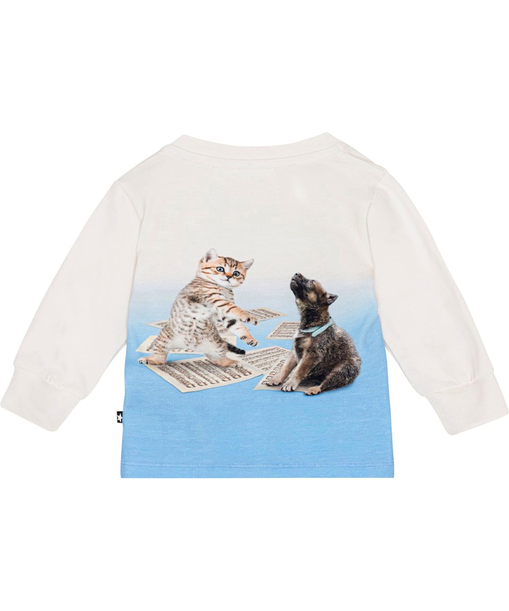 Eloy - Love Music LS - Voor kleine kinderen een gebroken witte shirt van biologisch katoen jersey met een print van een zingende puppy en een poesje