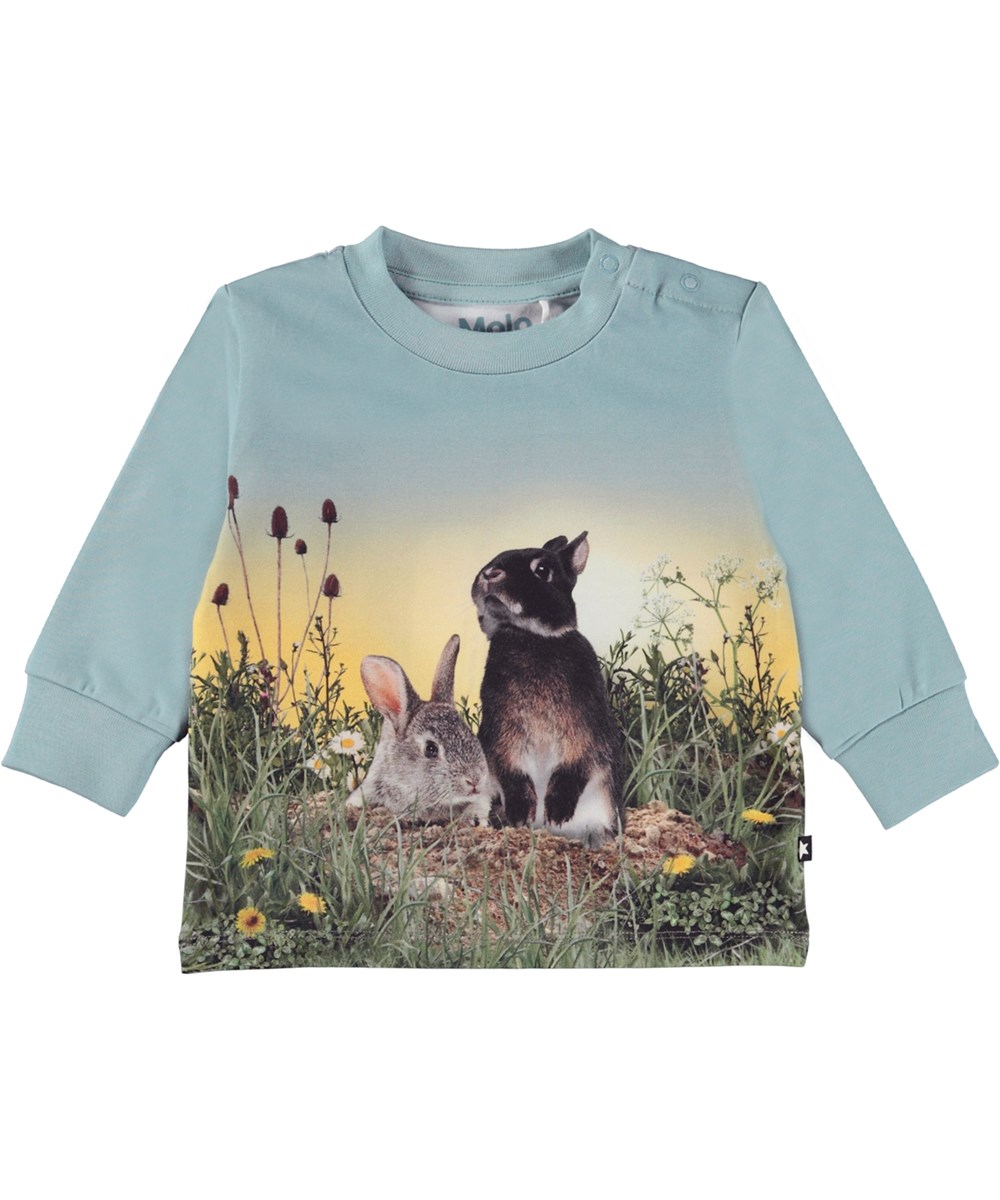 Eloy - Rabbit Life - Blauwe biologische baby longsleeve met konijntjesprint