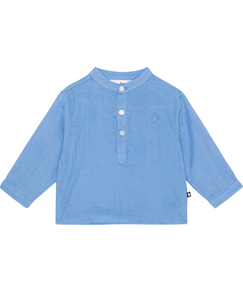 Enoz - Forget Me Not - Voor kleine kinderen een blauw shirt van biologisch katoen met een mandarijn kraag