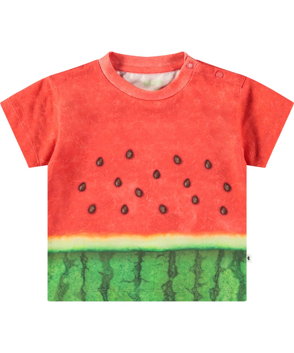 Enzo - Be A Melon - Klassieke biologische katoenen baby t-shirt. Het t-shirt heeft een watermeloen print in groen en rood.