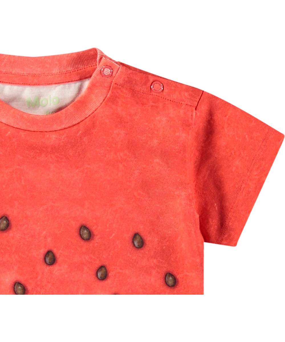 Enzo - Be A Melon - Klassieke biologische katoenen baby t-shirt. Het t-shirt heeft een watermeloen print in groen en rood.