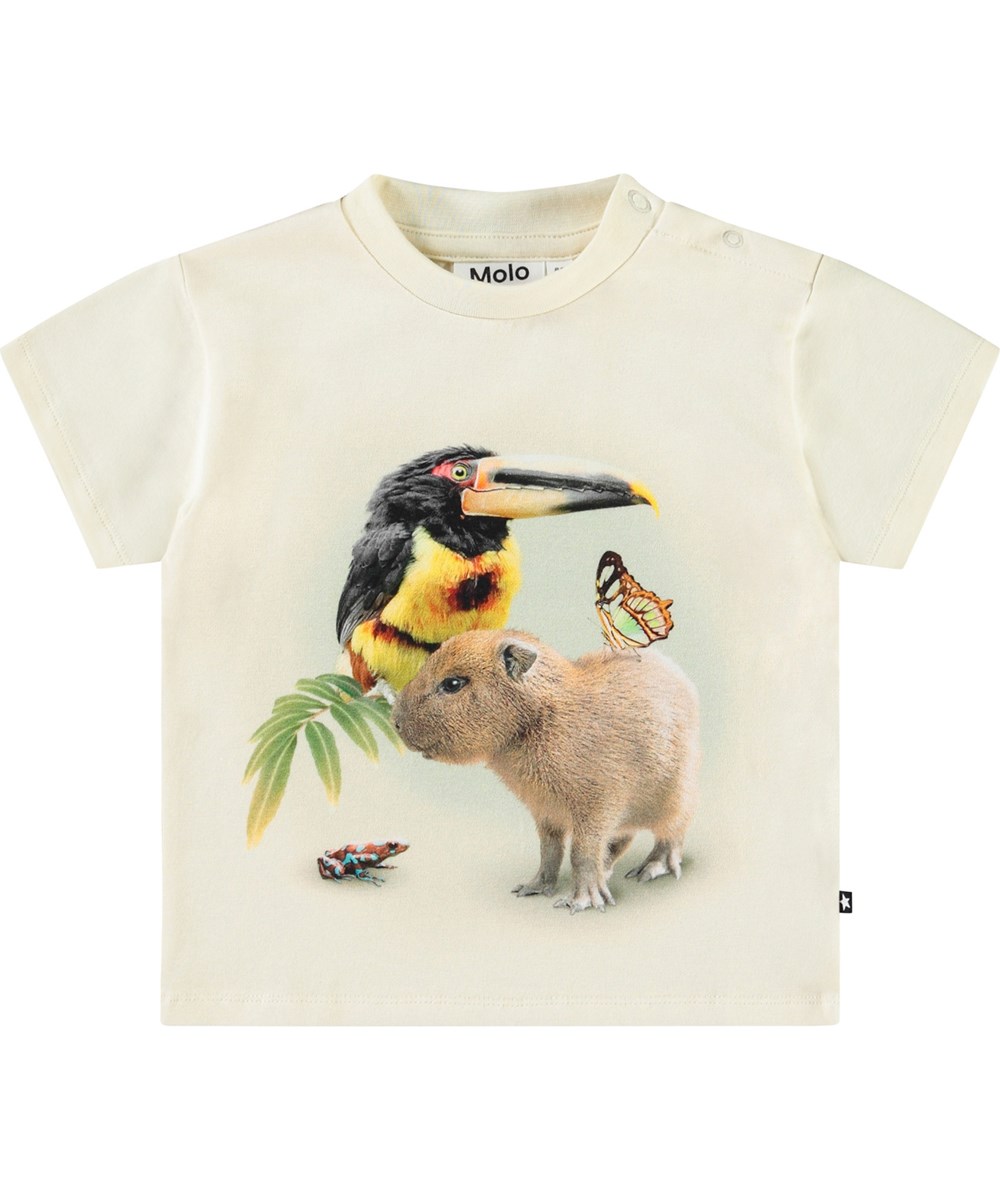Enzo - Jungle Friends - Klassieke biologische katoenen baby t-shirt. Het t-shirt is crème met op de voorkant een print van jungle dieren