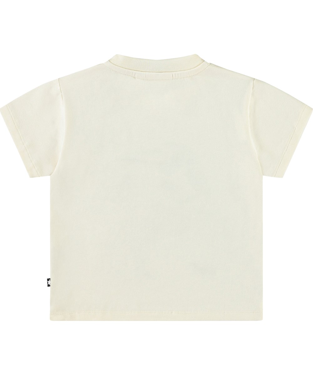 Enzo - Jungle Friends - Klassieke biologische katoenen baby t-shirt. Het t-shirt is crème met op de voorkant een print van jungle dieren