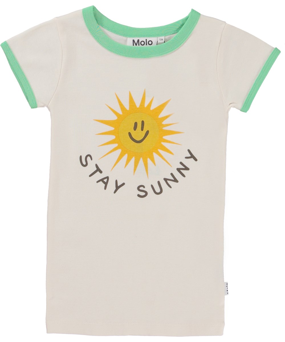 Rhiannon - Pearled Ivory - T-shirt met print van de zon en groene boorden