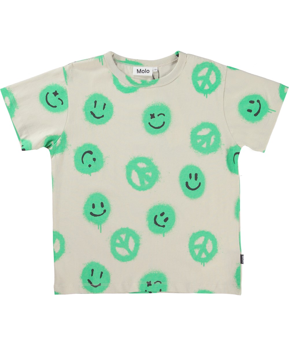 Riley - Easy Peacy - Beige t-shirt met groene peace teken en smiley print