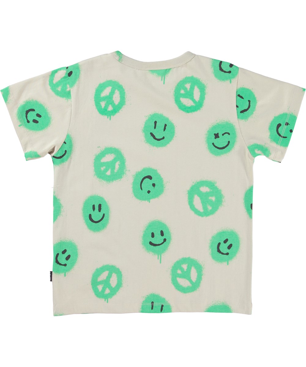 Riley - Easy Peacy - Beige t-shirt met groene peace teken en smiley print