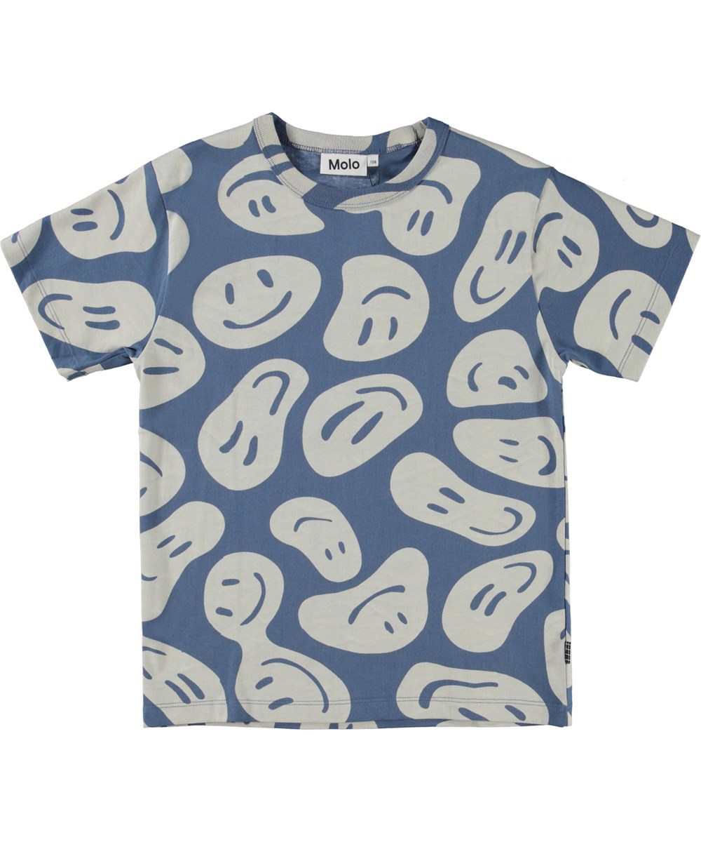 Riley - Smile On Blue - Blauwe biologische t-shirt met smiley’s print
