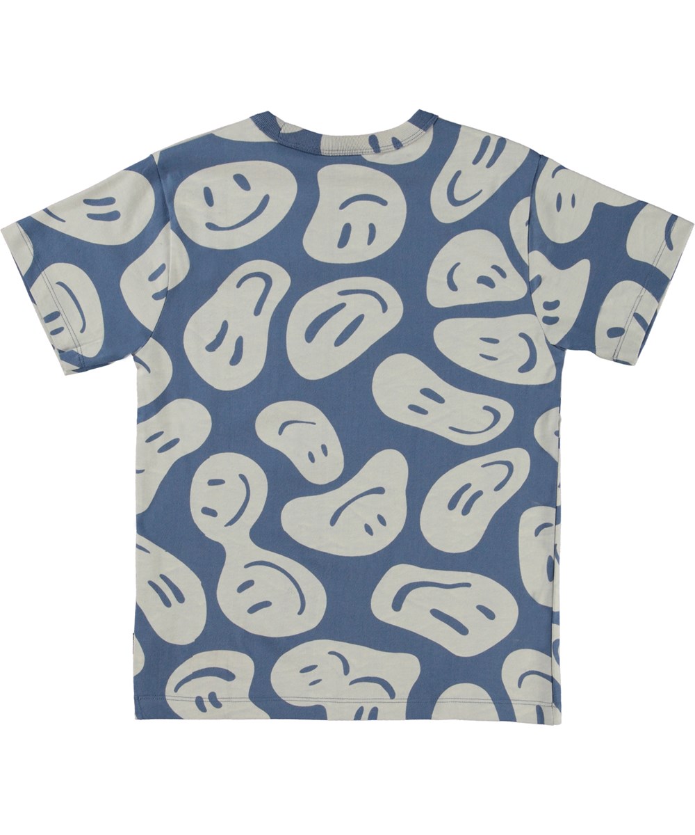 Riley - Smile On Blue - Blauwe biologische t-shirt met smiley’s print