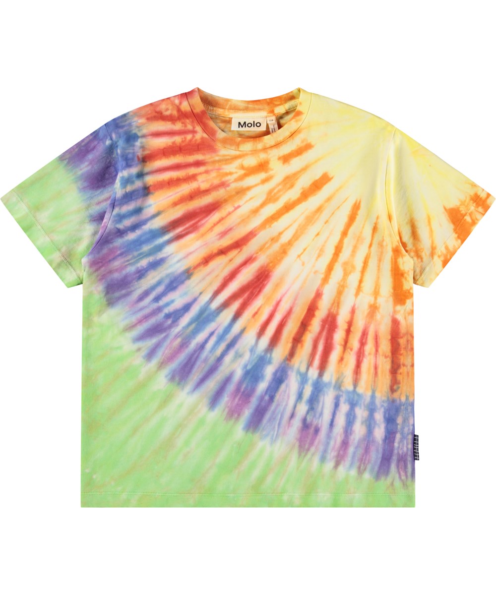 Riley - Spectrum Dye - Kleurrijk tie-dye kinder t-shirt gemaakt van zacht biologisch katoen met een ribboord rond de hals.