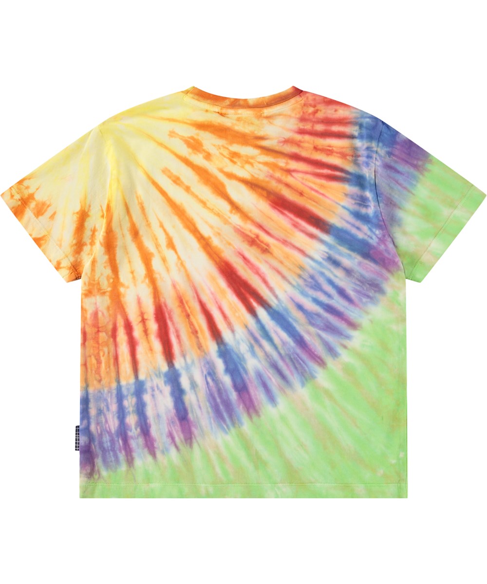 Riley - Spectrum Dye - Kleurrijk tie-dye kinder t-shirt gemaakt van zacht biologisch katoen met een ribboord rond de hals.