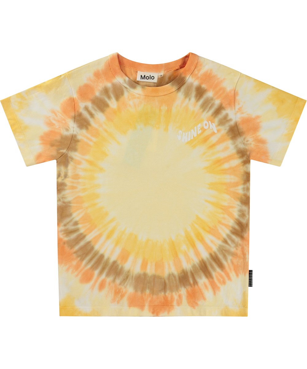 Riley - Sun Dye - Gele biologische t-shirt met tie-dye zonneprint
