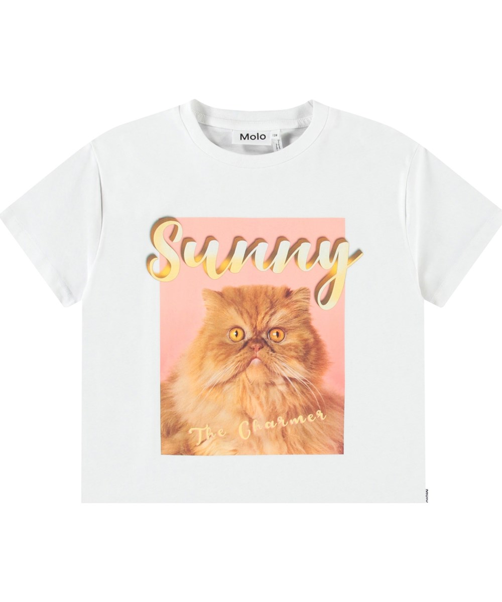 Riley - Sunny - Wit kinder t-shirt met print in zacht biologisch katoen met korte mouwen en ribboord rond de hals.