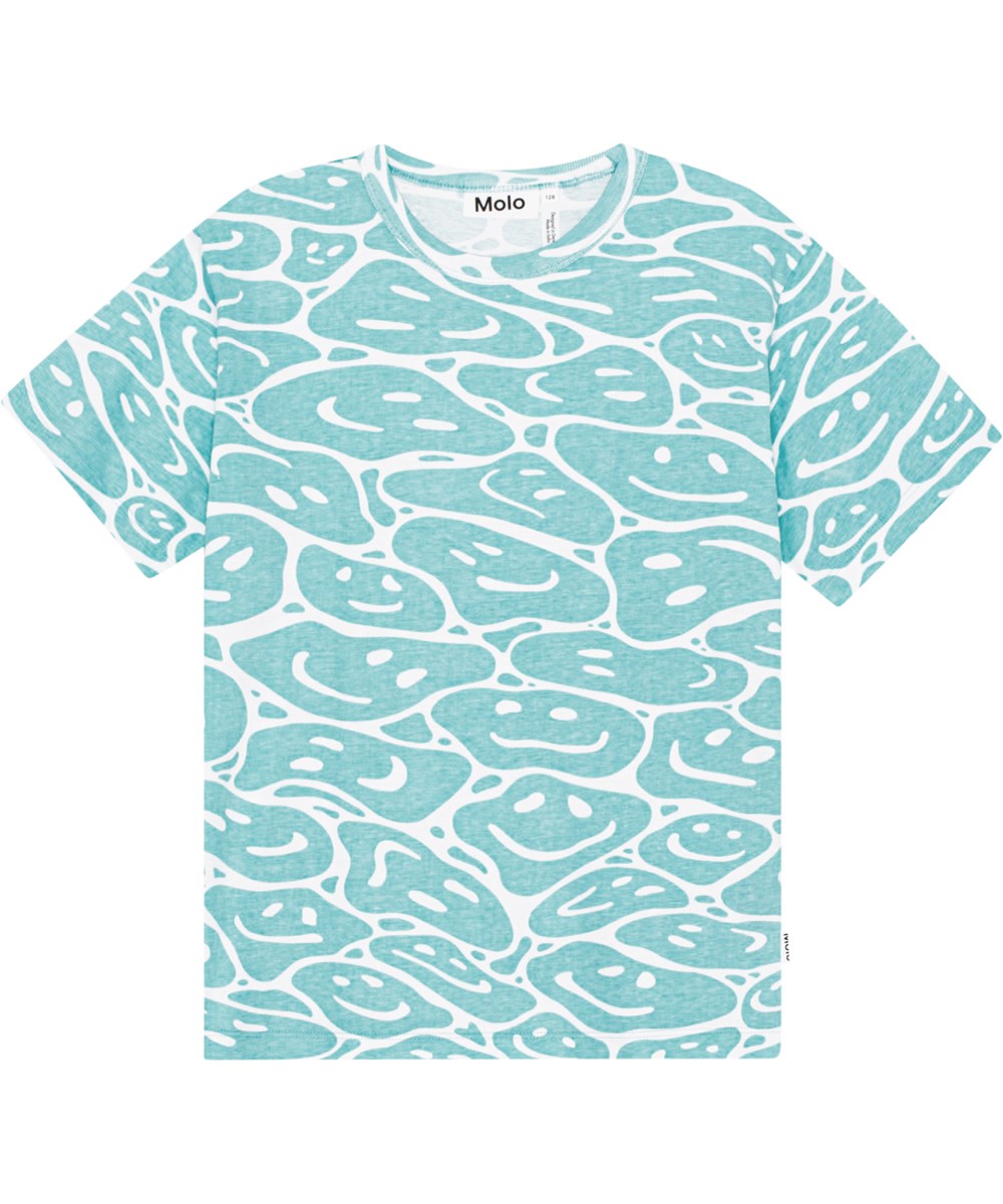 Riley - Waves Of Joy - Biologische katoenen t-shirt in turquiose en wit met smileys