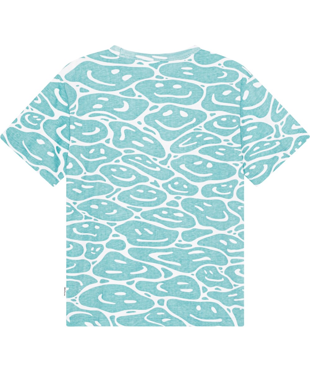 Riley - Waves Of Joy - Biologische katoenen t-shirt in turquiose en wit met smileys