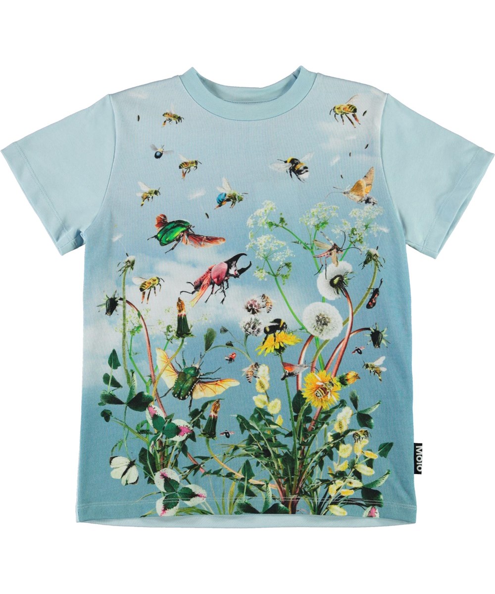 Road - Pollinate - Lichtblauwe biologische t-shirt met bloemen en insecten