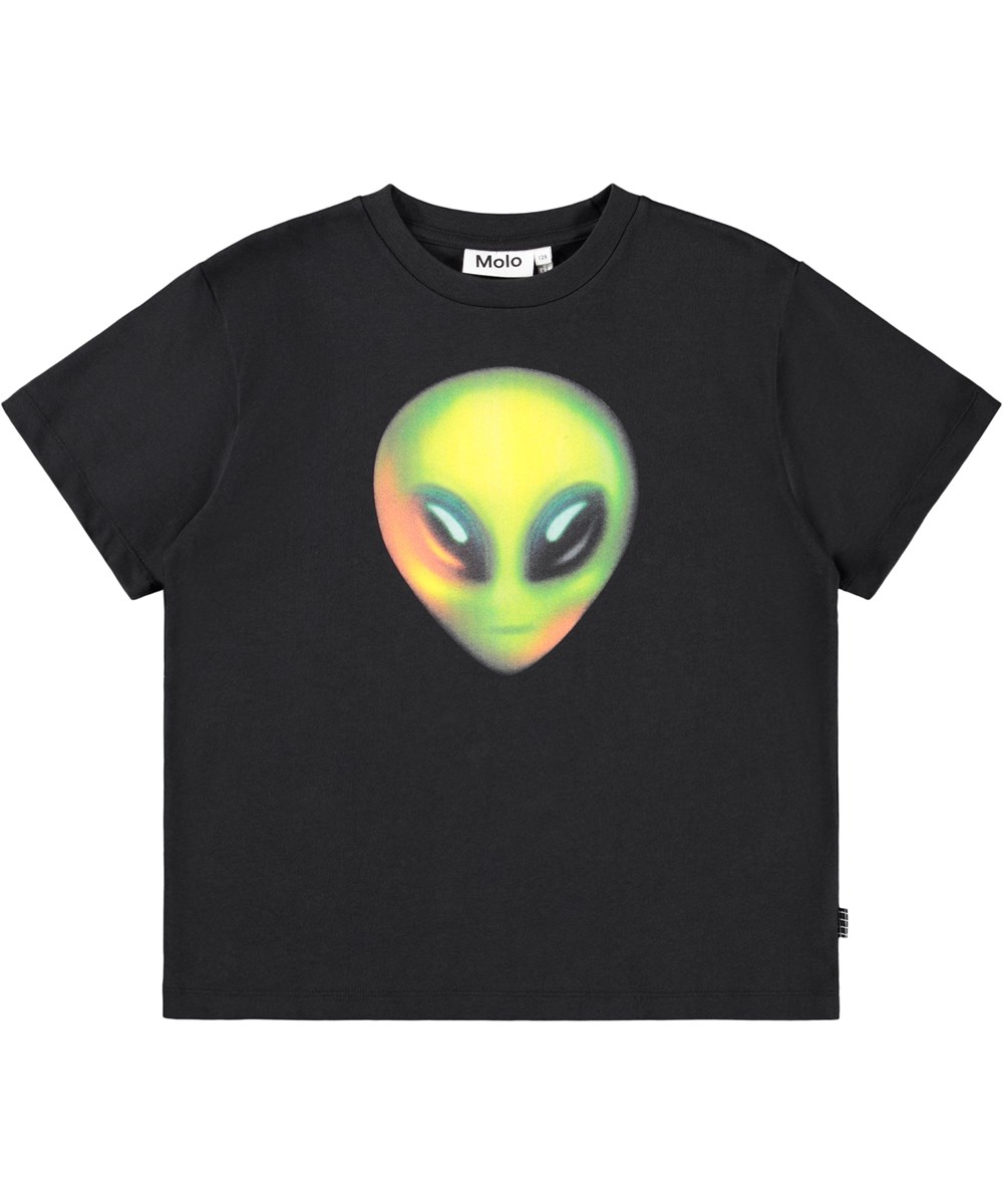 Rodney - Alien Dark - Zwart kinder t-shirt gemaakt van zachte biologische katoen met een ribboord rond de hals.