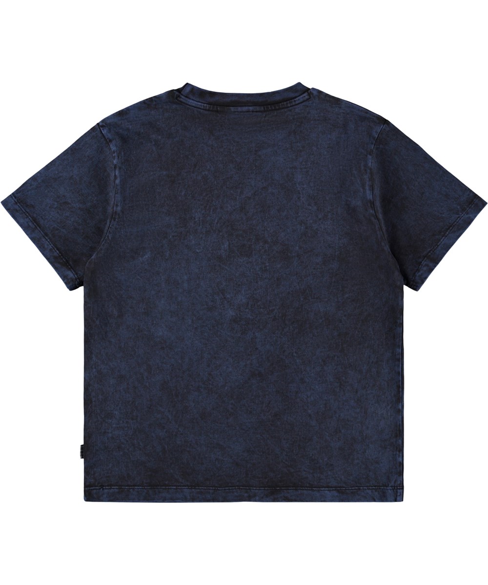 Rodney - Blue Overdye - Blauw kinder t-shirt gemaakt van zachte biologische katoen met een ribboord rond de hals.