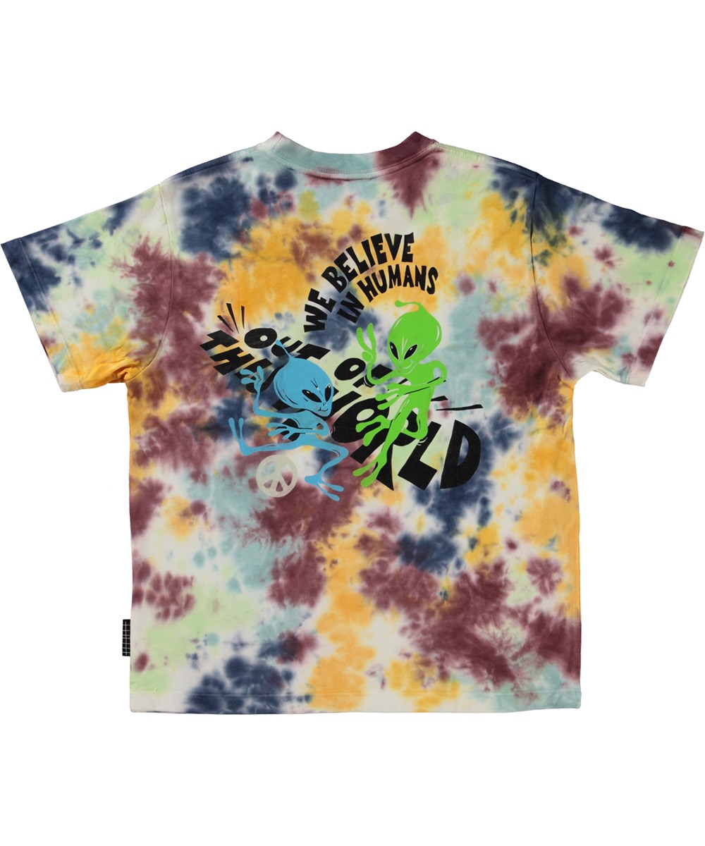 Rodney - Colour Mash - Veelkleurige biologische t-shirt met tie-dye print en buitenaardse wezens