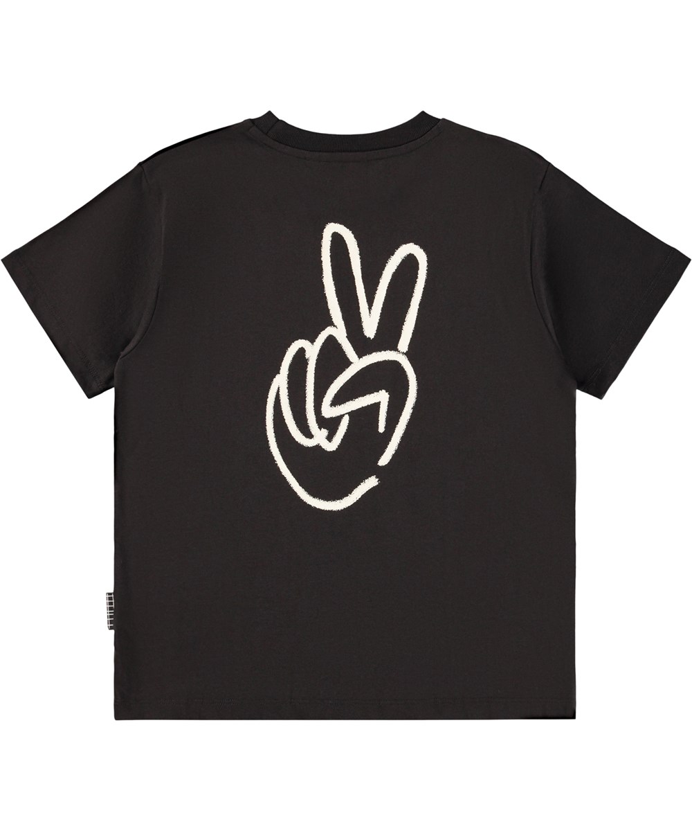 Rodney - Peaceful Hand - Zwart kinder t-shirt gemaakt van zachte biologische katoen met een ribboord rond de hals.