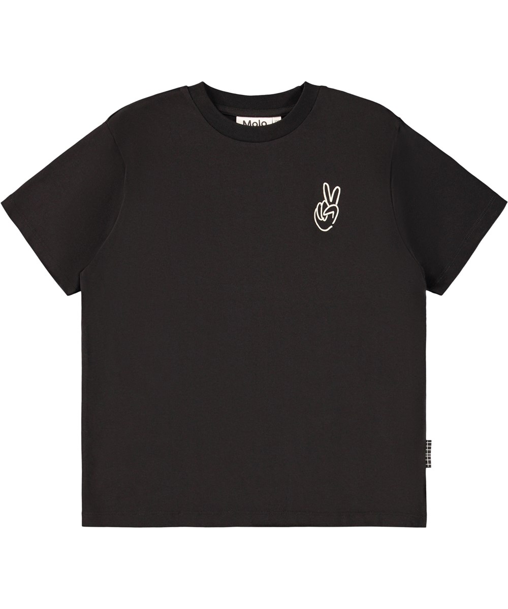 Rodney - Peaceful Hand - Zwart kinder t-shirt gemaakt van zachte biologische katoen met een ribboord rond de hals.