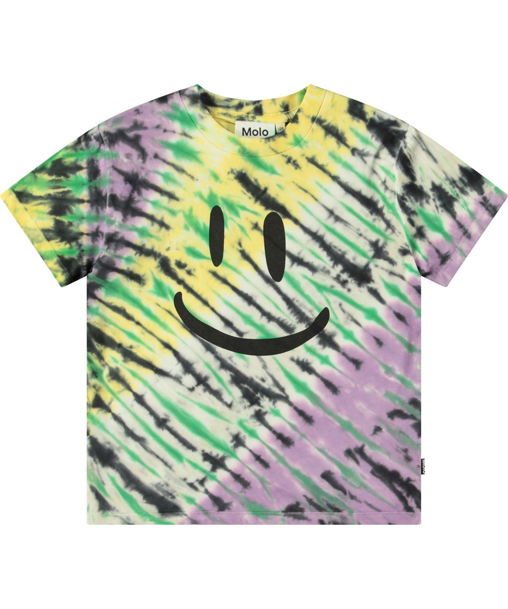 Roxo - Tie Dye - Ruimvallende kleurrijke tie-dye kinder t-shirt van biologisch katoen met korte mouwen en ribboord rond de hals.