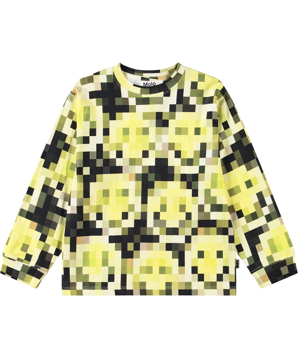 Rube - Pixelated Smiles - Ruimvallende zwarte en gele longsleeve van biologisch katoen met een print van een lachend pixelgezicht.