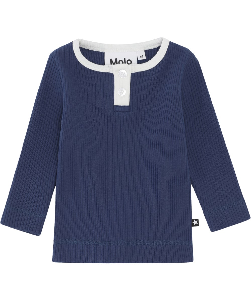 Earth - Naval Blue - Dunkelblaue Öko-Rippbluse mit Knöpfen