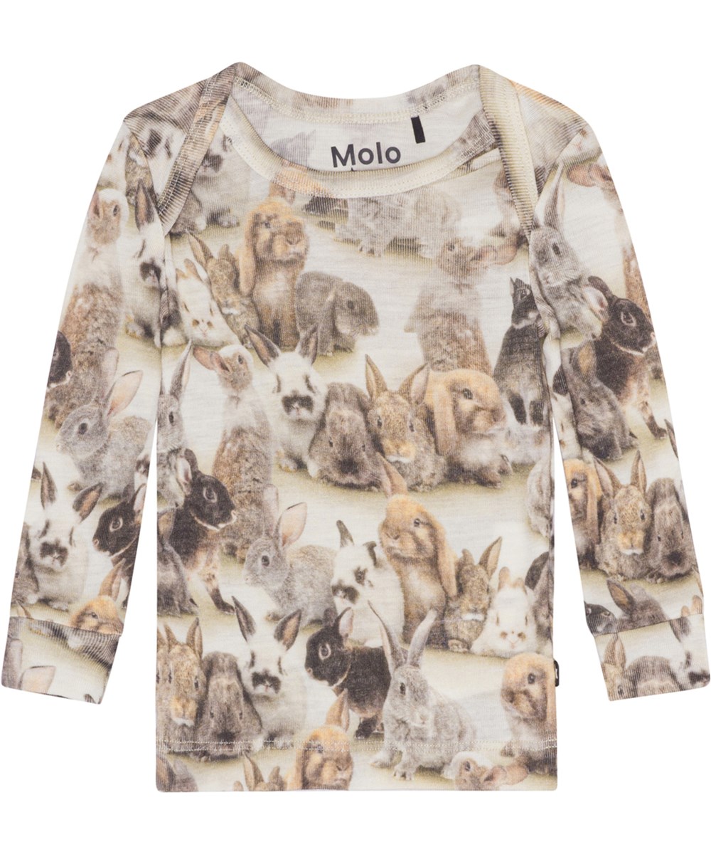 Eli - Baby Rabbits - Brauner Baby-Pullover aus Merinowolle mit Kaninchenaufdruck