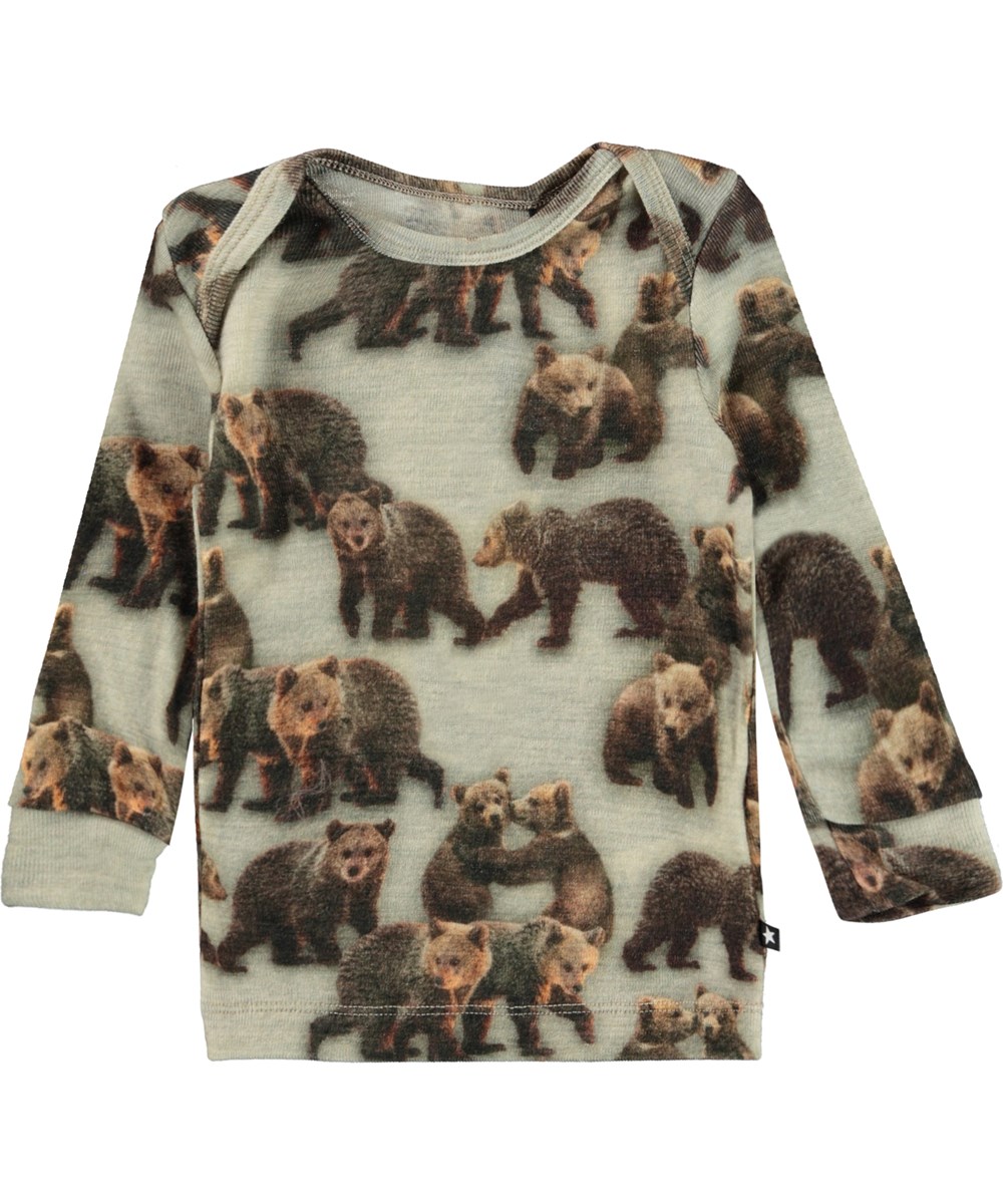 Eli - Bear Cubs - Babypullover aus grauer Wolle mit Bärenaufdruck