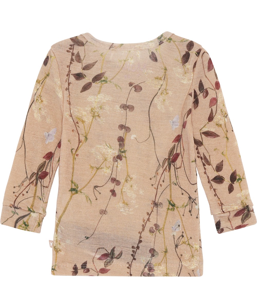 Eli - Delicate Branches - Rosa Babypullover aus Wolle mit Blumen- und Blätterdruck