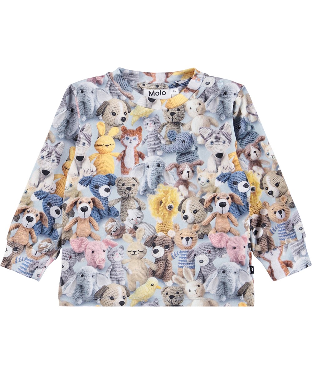 Eloy - Crochet Cuties - Hellblaues Langarmshirt für die Kleinen aus Öko-Baumwolljersey mit einem Aufdruck von gehäkelten Teddybären.