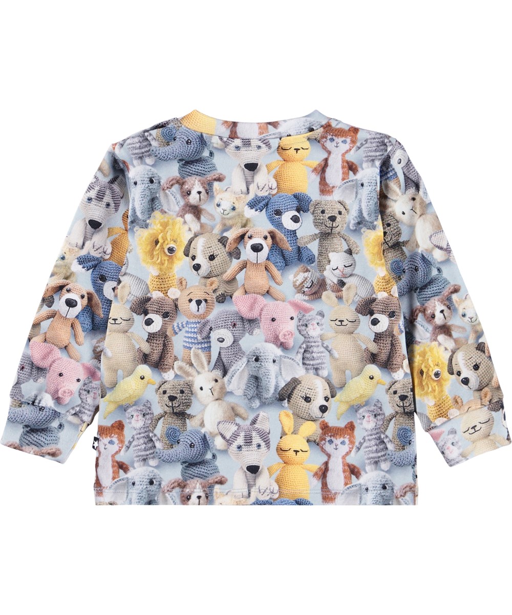 Eloy - Crochet Cuties - Hellblaues Langarmshirt für die Kleinen aus Öko-Baumwolljersey mit einem Aufdruck von gehäkelten Teddybären.