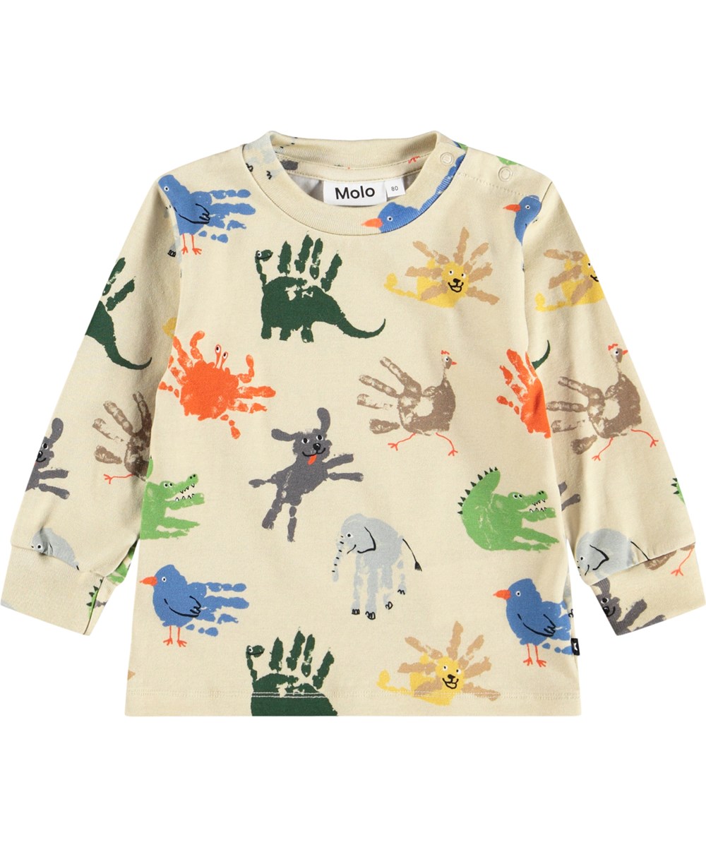 Eloy - Hand Animals - Beiges Langarmshirt für die Kleinen aus Öko-Baumwolljersey mit einem bunten Handabdruck verschiedener Tiere.