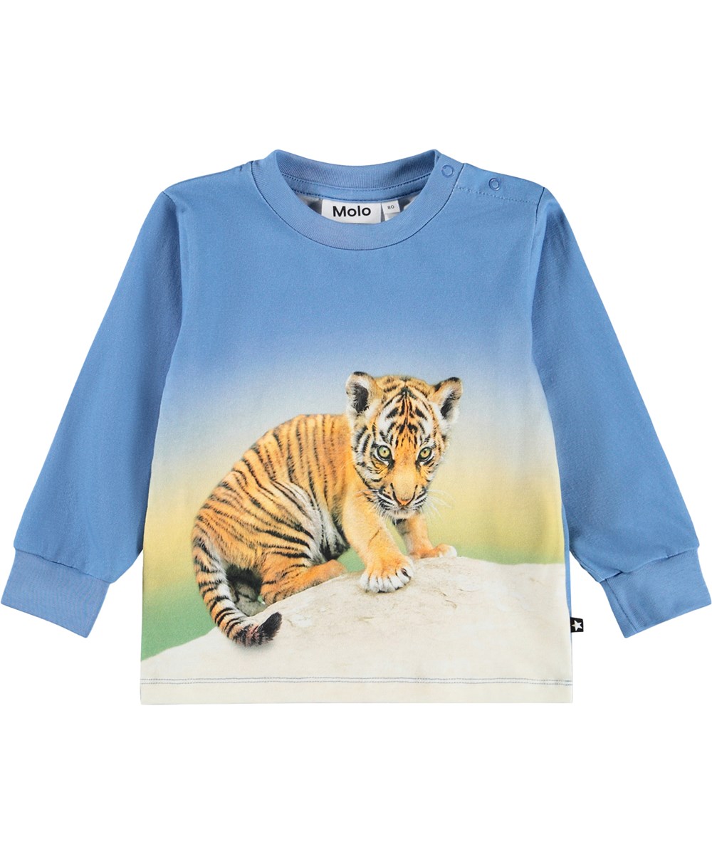 Eloy - Tiger Cub - Blaues langärmeliges Shirt für die Kleinen aus Bio-Baumwolle mit einem Tigerprint