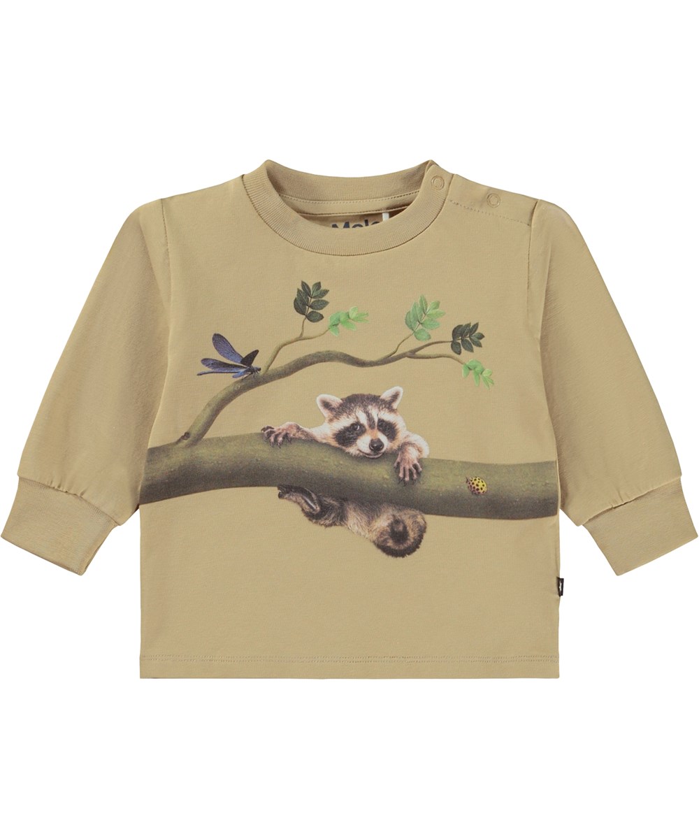 Eloy - Together - Beige Öko-Baby-Langarmshirt mit Waschbär-Aufdruck