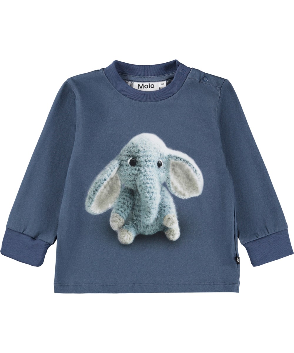 Eloy - Toy Elephant - Dunkelblaues Langarmshirt für die Kleinen aus Öko-Baumwolljersey mit einem Aufdruck eines gehäkelten Babyelefanten.