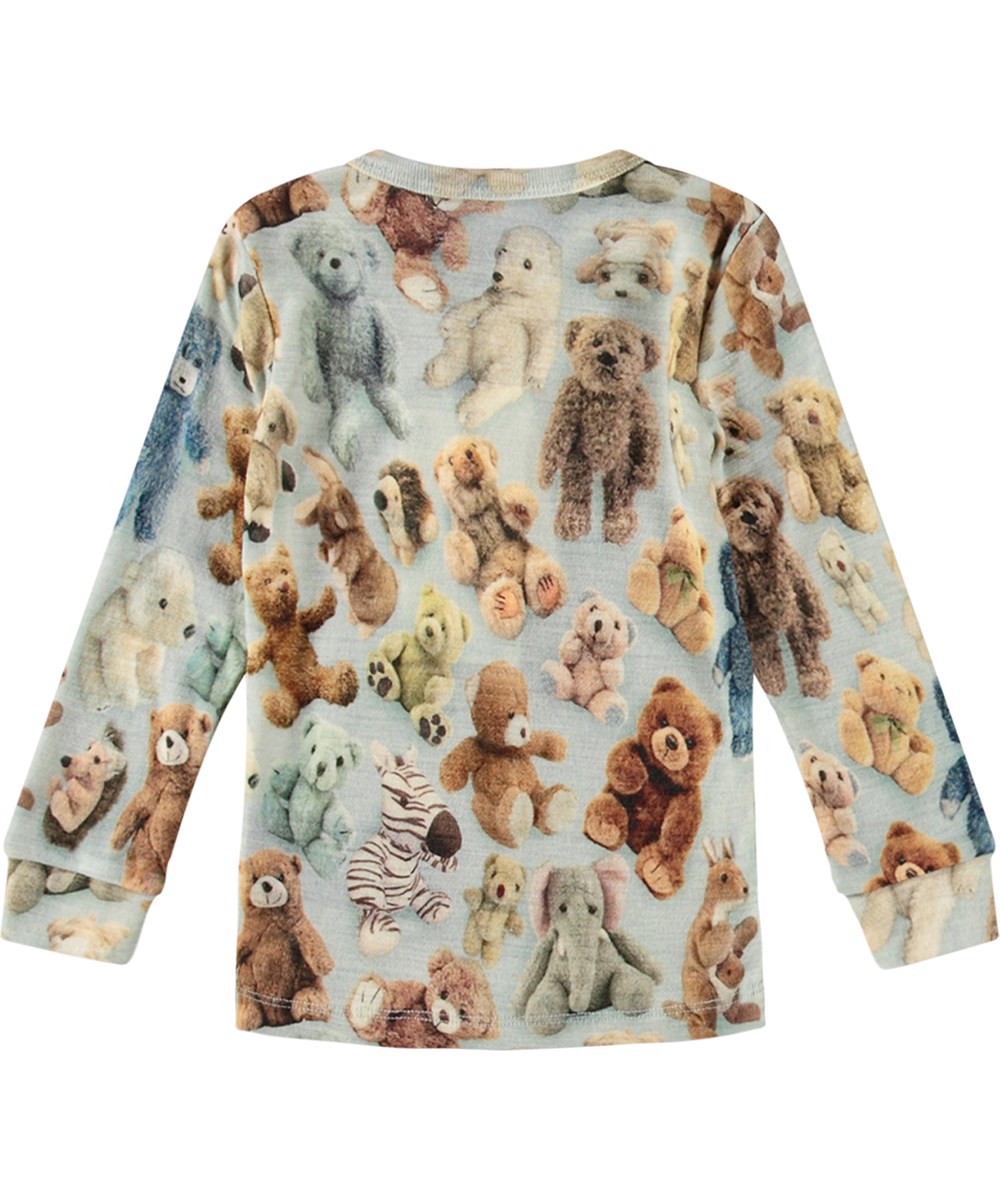Ena - Teddy Galore - Mehrfarbige Öko-Merinowollbluse mit Teddybärendruck.
